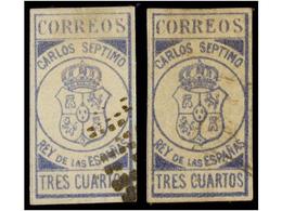 247 ° ESPAÑA. <B>EJÉRCITO REAL DE CATALUÑA. 3 Cuartos</B> Azul (Gálvez 235A). 2 Sellos Uno Con Mat. De <B>PUNTOS</B> Y E - Sonstige & Ohne Zuordnung