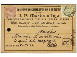 314 ESPAÑA. Ed.220, 224. 1899. Etiqueta Tarjeta Para Paquete Postal De <B>J.P. MARTIN E HIJO</B> De MADRID Circulada A P - Autres & Non Classés