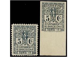 767 ** ESPAÑA: AYUNTAMIENTO DE BARCELONA. Ed.9ef, Efs. <B>5 Cts.</B> Verde UNICOLOR<B> DENTADO</B> Y <B>SIN DENTAR. </B> - Autres & Non Classés