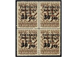 816 ** ESPAÑA: AYUNTAMIENTO DE BARCELONA. Ed.T-17/20. <B>TELÉGRAFOS. </B>Serie Completa En Bloques De Cuatro. LUJO. Cat. - Sonstige & Ohne Zuordnung