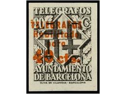 821 * ESPAÑA: AYUNTAMIENTO DE BARCELONA. Ed.T-17Dccs. <B>TELÉGRAFOS. 40 Cts. S. 20 Cts.</B> Negro, Habilitación En Color - Other & Unclassified