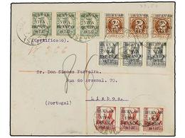 859 ESPAÑA E. LOCALES PATRIOTICAS: HUEVAR. Ed.44, 47/49. 1938. HUEVAR A LISBOA. <B>1 Cto., 2 Cts.</B>, <B>15 Cts.</B> Y  - Other & Unclassified