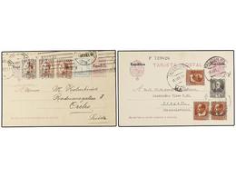 875 ESPAÑA ENTEROS POSTALES. Ed.61 (2). <B>15 Cts.</B> Violeta. Dos Tarjetas Circuladas Al Exterior Con Franqueos Comple - Otros & Sin Clasificación