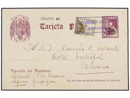 886 ESPAÑA ENTEROS POSTALES. Ed.85. 1939. SEGURA (Guipúzcoa) A VALENCIA. <B>20 Cents. S. 15 Cts.</B> Violeta Con Franque - Otros & Sin Clasificación