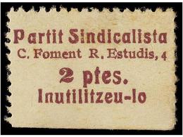 916 ESPAÑA GUERRA CIVIL. <B>BARCELONA. 2 Pts.</B> Violeta<B> PARTIT SINDICALISTA </B>(Allepuz 20). RARA. - Other & Unclassified