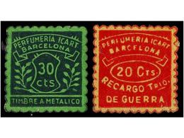 917 ESPAÑA GUERRA CIVIL. <B>BARCELONA. 20 Cts.</B> Rojo Y <B>30 Cts.</B> Verde<B> PERFUMERÍA RICART, RECARGO TRIO DE GUE - Autres & Non Classés