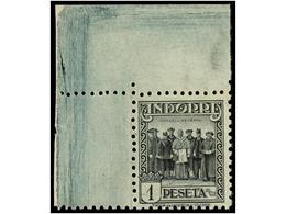 957 ** COLONIAS ESPAÑOLAS: ANDORRA. Ed.41. <B>1 Pta.</B> Negro. Esquina De Pliego. LUJO. Cert. GRAUS. Cat. 3.130?. - Autres & Non Classés