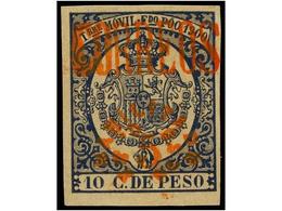 992 ** COLONIAS ESPAÑOLAS: FERNANDO POO. Ed.48Ba. <B>5 Cents. S. 10 Cts.</B> Azul, Habilitación En Rojo. MAGNÍFICO Y RAR - Sonstige & Ohne Zuordnung