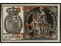 1001 * COLONIAS ESPAÑOLAS: GUINEA. Ed.26A. <B>10 Cts. S. 25 Cts.</B> Negro, <B>HABILITACIÓN EN ROJO</B>. MUY BONITO Y RA - Otros & Sin Clasificación