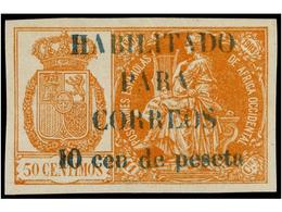 1002 * COLONIAS ESPAÑOLAS: GUINEA. Ed.26D. <B>10 Cent. S. 50 Cts.</B> Naranja, <B>HABILITACIÓN EN AZUL. </B> Cat. 180?. - Sonstige & Ohne Zuordnung