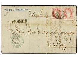 1095 PUERTO RICO. Ant.21 (2). 1870. S. JUAN A CADIZ.<B> 40 Cts.</B> Rosa (2) Circulado Por La Via Inglesa, Fechador De L - Other & Unclassified