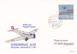 Sonderflug JU 52, München-Dübendorf 2.7.88, Oblitéré Munchen Flughafen Le 02.08.88 - Otros & Sin Clasificación