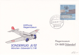Sonderflug JU 52, München-Dübendorf 2.7.88, Oblitéré Munchen Flughafen Le 02.08.88 - Andere & Zonder Classificatie