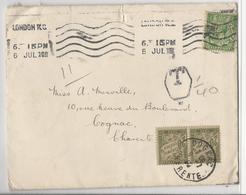 Lettre De Londres à Cognac - 1918 - Taxée Par Paire 20 Cts Olive (lettre Non Ouverte Avec Correspondance) - 1859-1959 Lettres & Documents