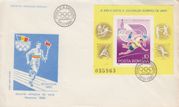 Enveloppe  FDC  1er  Jour   ROUMANIE  Bloc  Feuillet    Jeux  Olympiques   MOSCOU    1980 - Ete 1980: Moscou