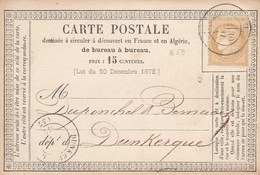 Yvert 59 Sur Carte Précurseur Lille 30/5/1874 Pour Dunkerque Nord - Precursor Cards