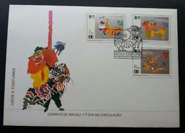 Macau Macao China Habits And Customs Lion Dance & Dragon Dance 1992 Chinese Art Culture (stamp FDC) - Cartas & Documentos
