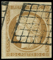 EMISSION DE 1849 1    10c. Bistre-jaune, Obl. GRILLE, Filet De Voisin à Gauche, TTB. J - 1849-1850 Ceres