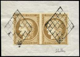 EMISSION DE 1849 1    10c. Bistre-jaune, PAIRE Obl. GRILLE S. Fragt, TTB. Certif. Scheller - 1849-1850 Cérès