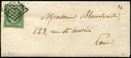 Let EMISSION DE 1849 2    15c. Vert, Obl. GRILLE S. LAC De Paris Pour Paris 4/9/51, TB - 1849-1850 Ceres