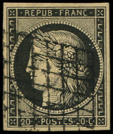 EMISSION DE 1849 3    20c. Noir Sur Jaune, Obl. GRILLE, TB/TTB - 1849-1850 Cérès