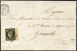 Let EMISSION DE 1849 3    20c. Noir Sur Jaune, Bdf, Obl. GRILLE S. LAC, Càd T15 LA GUILLOTIERE 21/8/50, Tarif MILITAIRE  - 1849-1850 Ceres