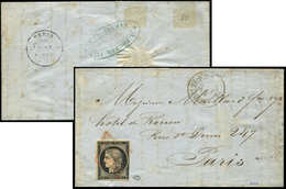 Let EMISSION DE 1849 3    20c. Noir Sur Jaune, Touché Dans Un Angle, Obl. GRILLE ROUGE S. LAC, Càd T15 BERNAY-DE-L'EURE  - 1849-1850 Cérès