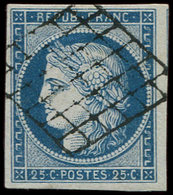 EMISSION DE 1849 4    25c. Bleu, Oblitéré GRILLE, Belles Marges, TB/TTB - 1849-1850 Ceres