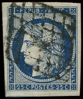 EMISSION DE 1849 4a   25c. Bleu Foncé, Oblitéré GRILLE, Grandes Marges, TTB - 1849-1850 Ceres