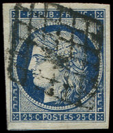 EMISSION DE 1849 4a   25c. Bleu Foncé, Oblitéré GRILLE, Grandes Marges, TTB - 1849-1850 Cérès