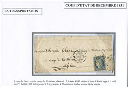 Let EMISSION DE 1849 4    25c. Bleu, Défx, Obl. Etoile Sur LAC, Càd PARIS 25/8/52 Pour Un Détenu Au Camp De BIRKADEM - 1849-1850 Cérès