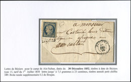 Let EMISSION DE 1849 4    25c. Bleu, Défx, Obl. PC 389 S. LAC, Càd BEZIERS 30/12/52 Et Boite J-2 De Boujon Pour Le Camp  - 1849-1850 Cérès
