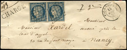 Let EMISSION DE 1849 4    25c. Bleu, PAIRE Obl. GRILLE S. Env. CHARGE, Càd T15 VIC-S-SEINE 14/4/51, RR Et TTB - 1849-1850 Ceres