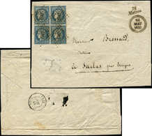 Let EMISSION DE 1849 4    25c. Bleu, BLOC De 4 Obl. PC 3747 S. Env., Dateur B 21/5/1852 Et Cursive 72/MAISSE, Grande RAR - 1849-1850 Cérès