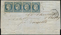 Let EMISSION DE 1849 4    25c. Bleu, BANDE De 4, 3e T. Effl. En Un Point, Obl. Los. B S. LAC, Càd Paris 22/6/60, TRIPLE  - 1849-1850 Ceres