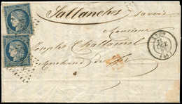 Let EMISSION DE 1849 4    25c. Bleu, 2 Ex. Obl. PC 1818 S. LAC, Càd T15 LYON 11/10/52, Arr. Càd Sarde SALLANCHES, TB, Co - 1849-1850 Cérès