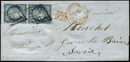 Let EMISSION DE 1849 4a   25c. Bleu Foncé, PAIRE Obl. GRILLE S. LAC, Càd ROUGE AFFRANCHISSEMENTS PARIS 24/7/51 Pour La S - 1849-1850 Cérès