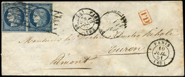 Let EMISSION DE 1849 4a   25c. Bleu Foncé, PAIRE Obl. GRILLE SANS FIN S. Env., Càd PARIS 10/7/51 Pour TURIN, 13 LUG Au V - 1849-1850 Ceres