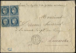 Let EMISSION DE 1849 4a   25c. Bleu Foncé, BLOC De 4, PAIRE Supérieure Filet Coupé, Obl. PC 823 S. Env., Càd T15 CHAUMON - 1849-1850 Ceres
