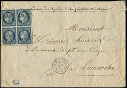 Let EMISSION DE 1849 4a   25c. Bleu Foncé, BLOC De 4, PAIRE Supérieure Filet Coupé, Obl. PC 823 S. Env., Càd T15 CHAUMON - 1849-1850 Cérès