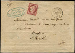 Let EMISSION DE 1849 6     1f. Carmin, Obl. PC 481 S. Env., Càd T15 BOURGES 1/1/53, Filet Intact En Bas, TRIPLE Port, TB - 1849-1850 Ceres