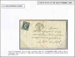 Let PRESIDENCE 10   25c. Bleu, Défx, Obl. PC 1139 Sur LAC, Càd DRAGUIGNAN 13/9/53 Pour Le Camp De DOUERA - 1852 Louis-Napoléon