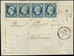 Let PRESIDENCE 10   25c. Bleu, BANDE De 4 Obl. PC 2326 S. LSC, Cursive 39/ONESSE, Dateur B 9 MARS 1852, Arr. MONT DE MAR - 1852 Louis-Napoléon
