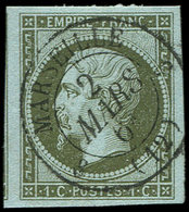 EMPIRE NON DENTELE 11    1c. Olive, Filet De Voisin à Gauche, Obl. Càd T15 MARSEILLE 2/3/61, TTB/Superbe - 1853-1860 Napoleon III