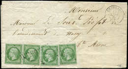 Let EMPIRE NON DENTELE 12    5c. Vert, 4 Ex. Obl. PC 848 S. LAC, Càd T15 CHEVILLON 17/9/62, TB/TTB - 1853-1860 Napoléon III.