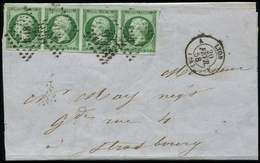 Let EMPIRE NON DENTELE 12b   5c. Vert FONCE, BANDE De 4 Obl. PC 1818 S. LAC, Càd LYON 20/2/58, Superbe Nuance, TTB - 1853-1860 Napoleone III