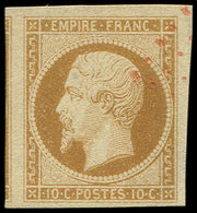 EMPIRE NON DENTELE 13A  10c. Bistre, T I, Obl. PC ROUGE, Effigie Dégagée Et Voisin à Gauche, Superbe - 1853-1860 Napoleon III