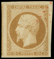 EMPIRE NON DENTELE 13A  10c. Bistre, T I, Obl. PC ROUGE, Effigie Dégagée Et Voisin à Gauche, Superbe - 1853-1860 Napoléon III.