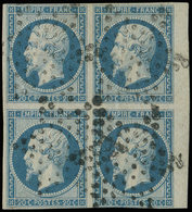 EMPIRE NON DENTELE 14A  20c. Bleu, T I, BLOC De 4 Petit Bdf, Obl. Etoile, Marge Fine En Un Point, Sinon TTB - 1853-1860 Napoleon III