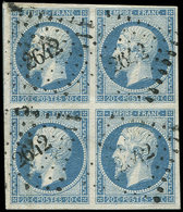 EMPIRE NON DENTELE 14Af 20c. Bleu Laiteux, T I, BLOC De 4 Obl. PC 2642 De REIMS, TB - 1853-1860 Napoléon III
